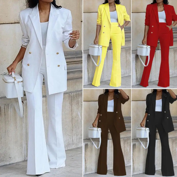 Elegant Double Breasted Women's Blazer and Flare Pants Suit for Formal Occasions, Perfect for Weddings and Autumn Winter Events